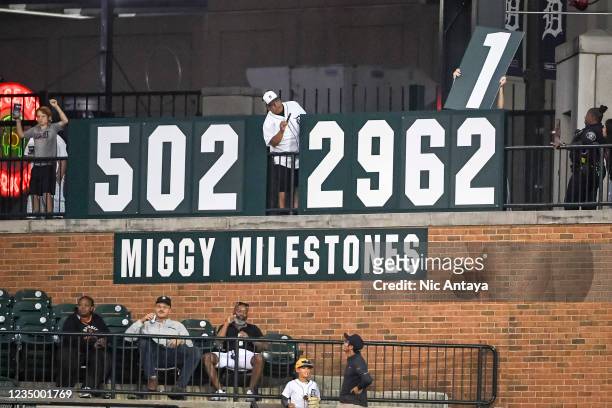 The milestones for Miguel Cabrera of the Detroit Tigers are adjusted after he hit a two-run home run against the Oakland Athletics during the bottom...