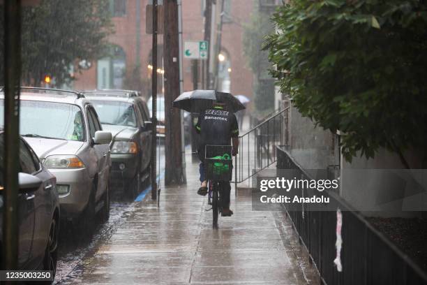 Heavy rain with stormy weather is seen in Hoboken of New Jersey, United States on September 1, 2021.