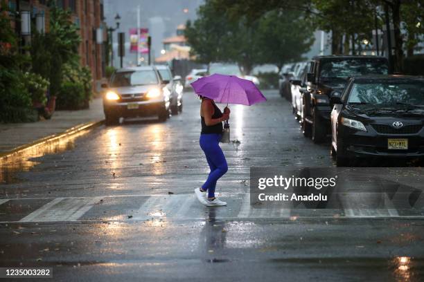 Heavy rain with stormy weather is seen in Hoboken of New Jersey, United States on September 1, 2021.