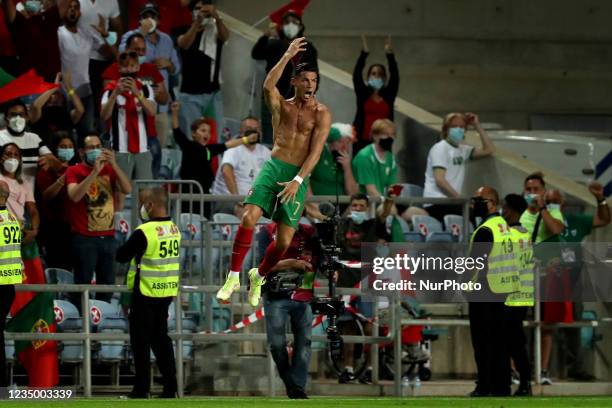 Portugal's forward Cristiano Ronaldo celebrates after scoring his second goal during the FIFA World Cup 2022 European qualifying round group A...