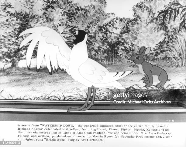 Bird talking to rabbit in a scene from the film 'Watership Down', 1978.