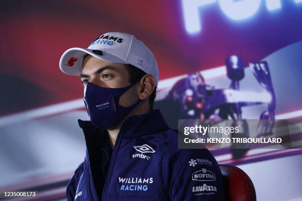 Williams' Canadian F1 driver Nicholas Latifi attends a press conference in Zandvoort, three days before the race of the 2021 Formula One Dutch Grand...