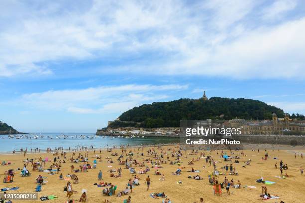 Overall view of the ''playa de la Concha'', the main beach of the city in San Sebastian, Spain, on August 27, 2021.