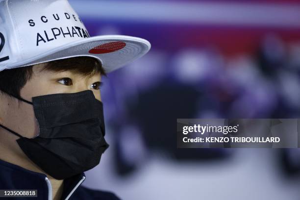 AlphaTauri's Japanese F1 driver Yuki Tsunoda attends a press conference in Zandvoort, three days before the race of the 2021 Formula One Dutch Grand...