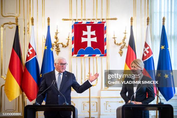 The President of Slovakia Zuzana Caputova and German President Frank-Walter Steinmeier attend a press conference at the Presidential palace in...