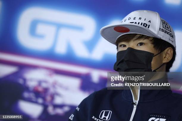 AlphaTauri's Japanese F1 driver Yuki Tsunoda attends a press conference in Zandvoort, three days before the race of the 2021 Formula One Dutch Grand...