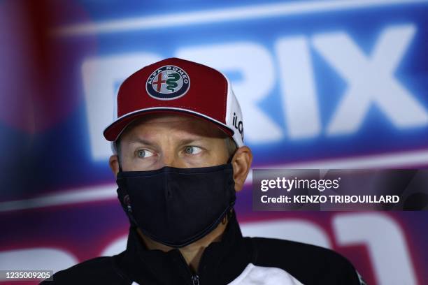 Alfa Romeo's Finnish F1 driver Kimi Raikkonen attends a press conference in Zandvoort, three days before the race of the 2021 Formula One Dutch Grand...