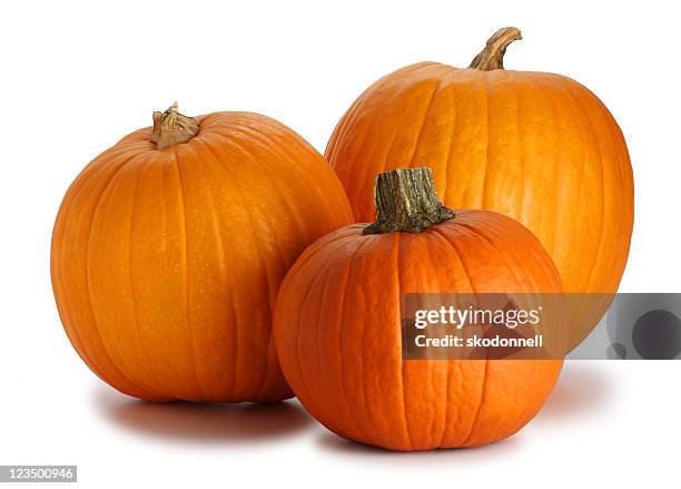 three pumpkins isolated on white - pompoen stockfoto's en -beelden