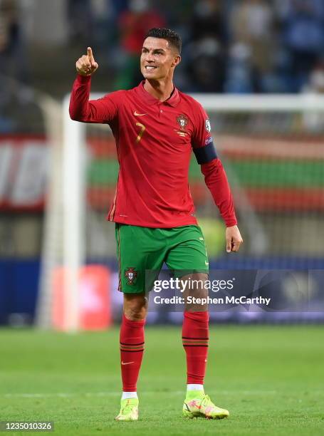 Faro , Portugal - 1 September 2021; Cristiano Ronaldo of Portugal celebrates following the FIFA World Cup 2022 qualifying group A match between...