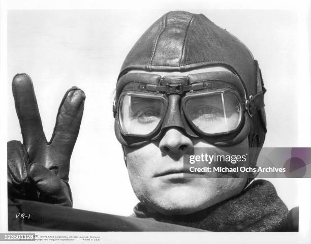 John Phillip Law flashes the victory sign in a scene from the film 'Von Richthofen And Brown', 1971.