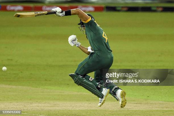 South Africa's Aiden Markram reacts after playing a shot during the first one-day international cricket match between Sri Lanka and South Africa at...