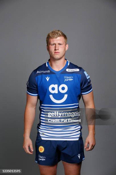 Matt Postlethwaite poses for a portrait during the Sale Sharks squad photo call for the 2021-22 Gallagher Premiership Rugby season at Carrington...