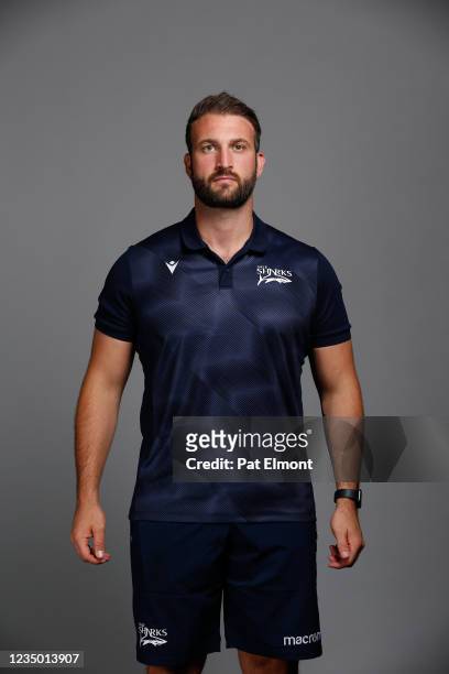 James Collinge poses for a portrait during the Sale Sharks squad photo call for the 2021-22 Gallagher Premiership Rugby season at Carrington Training...