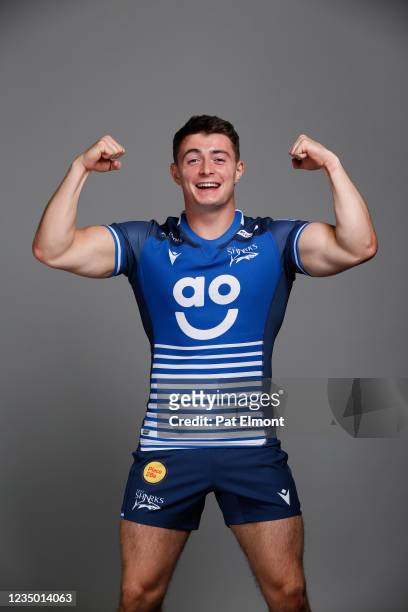 Raphael Quirke poses for a portrait during the Sale Sharks squad photo call for the 2021-22 Gallagher Premiership Rugby season at Carrington Training...