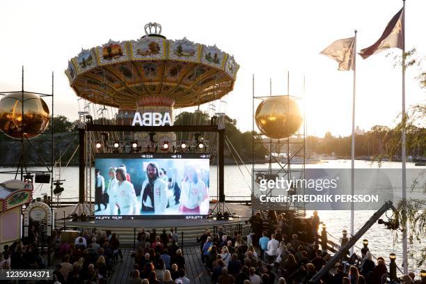 Members of the Swedish group ABBA are seen on a display during their Voyage event at Grona Lund, Stockholm, on September 2 prior to their...