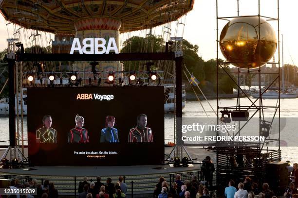 Members of the Swedish group ABBA are seen on a display during their Voyage event at Grona Lund, Stockholm, on September 2 during their presentation...