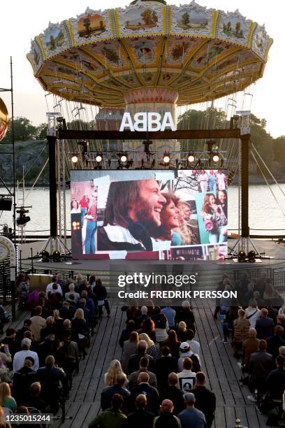 Members of the Swedish group ABBA are seen on a display during their Voyage event at Grona Lund, Stockholm, on September 2 prior to their release of...