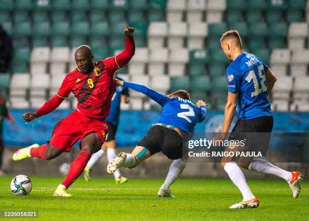 Belgium's forward Romelu Lukaku scores his side' thrid goal during the FIFA World Cup Qatar 2022 qualification Group E football match between Estonia...