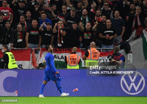 England's forward Raheem Sterling celebrates the 0-1 during the FIFA World Cup Qatar 2022 qualification Group I football match between Hungary and...
