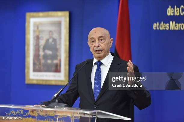 Speaker of the House of Representatives of Libya, Aguila Saleh and Moroccan Foreign Minister Nasser Bourita hold a joint press conference after their...