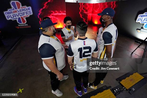 Jazz Gaming huddles up before the game Pacers Gaming during the 2021 NBA 2K League Playoffs on August 27, 2021 in Dallas, Texas at the Mavs Gaming...