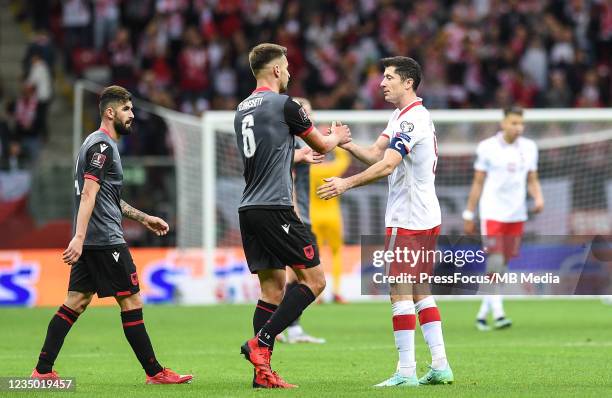 Berat Djimsiti of Albania reacts Robert Lewandowski of Poland during the 2022 FIFA World Cup Qualifier match between Poland and Albania at National...