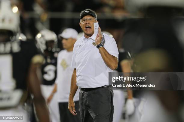 Head coach Gus Malzahn of the UCF Knights is seen during warm ups against the Boise State Broncos at the Bounce House on September 2, 2021 in...