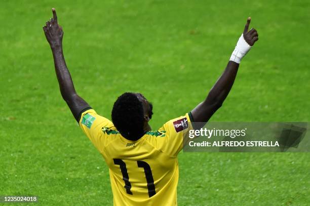 Jamaica's Shamar Nicholson celebrates after scoring against Mexico during their Qatar 2022 FIFA World Cup Concacaf qualifier match at the Azteca...