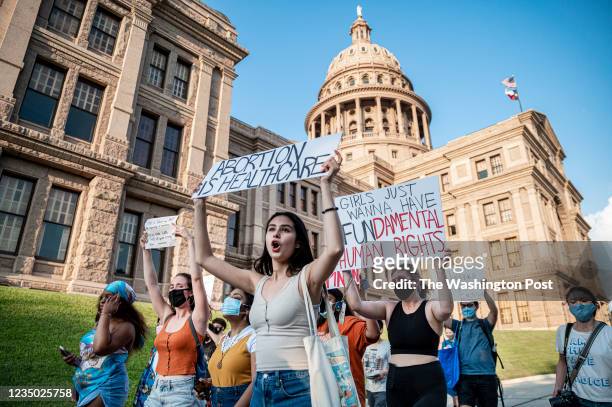 Pro-choice protesters march outside the Texas State Capitol on Wednesday, Sept. 1, 2021 in Austin, TX. Texas passed SB8 which effectively bans nearly...