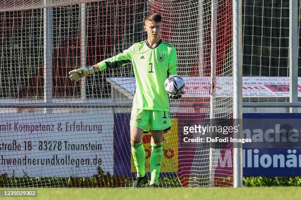 Goalkeeper Timo Schlieck of Germany gestures during the international friendly match between Germany U16 and Austria U16 at Jakob Schaumaier...