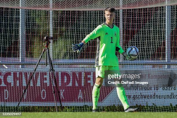 Goalkeeper Timo Schlieck of Germany gestures during the international friendly match between Germany U16 and Austria U16 at Jakob Schaumaier...
