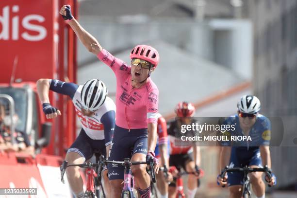 Education-Nippo's Danish rider Magnus Cort Nielsen celebrates his first place next to third placed Team Trek's US rider Quinn Simmons during the 19th...