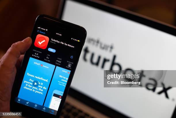 The TurboTax application to download in the Apple App Store on a smartphone in an arranged photograph in Hastings-on-Hudson, New York, U.S., on...