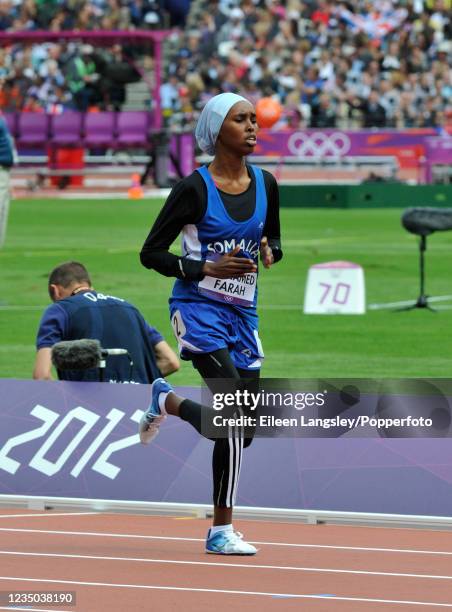 Zamzam Mohamed Farah representing Somalia competing in heat 1 of the women's 400 metres during day 7 of the 2012 Summer Olympics at the Olympic...