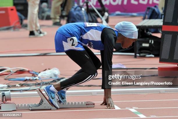 Zamzam Mohamed Farah representing Somalia on the starting blocks before heat 1 of the women's 400 metres hurdles during day 7 of the 2012 Summer...