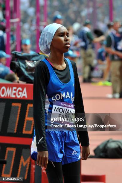 Zamzam Mohamed Farah representing Somalia after competing in heat 1 of the women's 400 metres during day 7 of the 2012 Summer Olympics at the Olympic...
