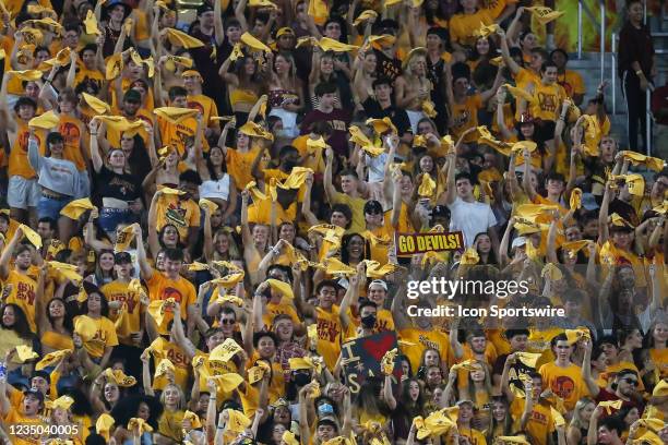 Arizona State Sun Devils fans cheer during the college football game between the Southern Utah Thunderbirds and the Arizona State Sun Devils on...