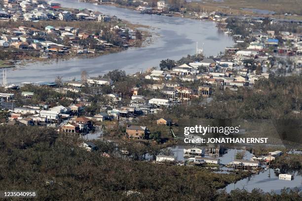 President Joe Biden aboard Marine One inspects the damage from Hurricane Ida on an aerial tour of communities in Laffite, Grand Isle, Port Fourchon...