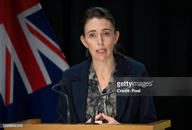 Prime Minister Jacinda Ardern during a press conference in Parliament on September 4, 2021 in Wellington, New Zealand. Police shot and killed a...