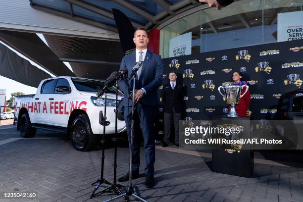 Premiership Cup Ambassador Glen Jakovich speaking to the media during the Premiership Cup Tour Launch at the Grand Toyota Dealership on September 4,...