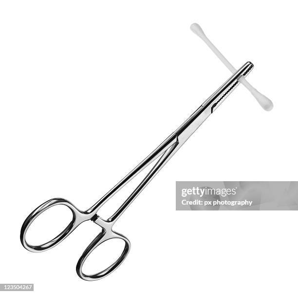 medical forceps holding cotton swab - fórceps fotografías e imágenes de stock