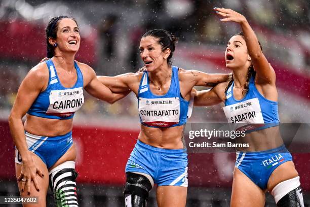 Tokyo , Japan - 4 September 2021; Women's T63 100 metre Medallists, from left, Martina Caironi, silver, Monica Graziana Contrafatto, bronze, and...