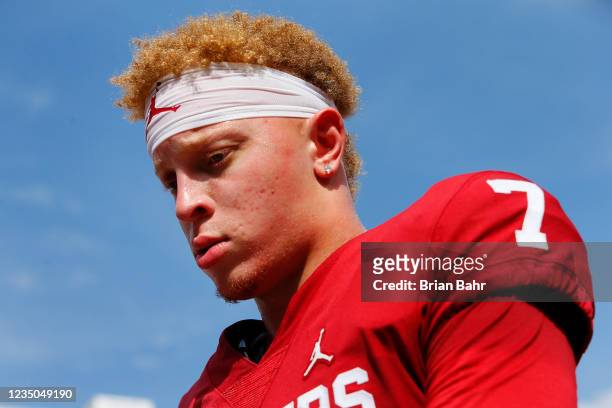 Quarterback Spencer Rattler of the Oklahoma Sooners heads off the field before a game against the Tulane Green Wave at Gaylord Family Oklahoma...