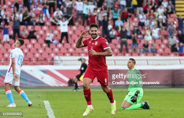 Aleksandar Mitrovic of Serbia celebrates after scoring a goal during the 2022 FIFA World Cup Qualifier match between Serbia and Luxembourg at Rajko...