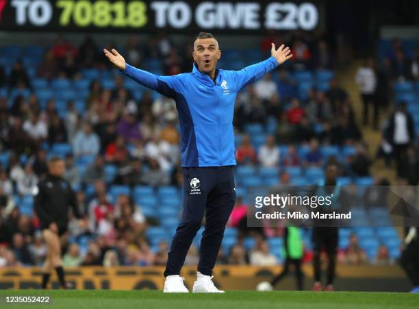 Robbie Williams seen during Soccer Aid for Unicef 2021 at Etihad Stadium on September 4, 2021 in Manchester, England.