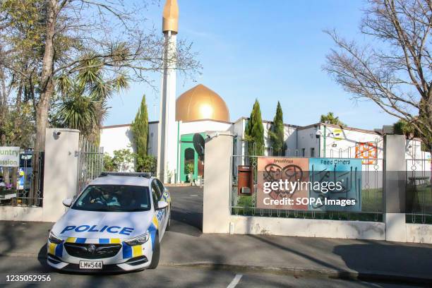 Police car leaves the Al Noor Mosque. Police keeps a presence at the Mosque, following a terrorist attack in which a man was shot dead after stabbing...