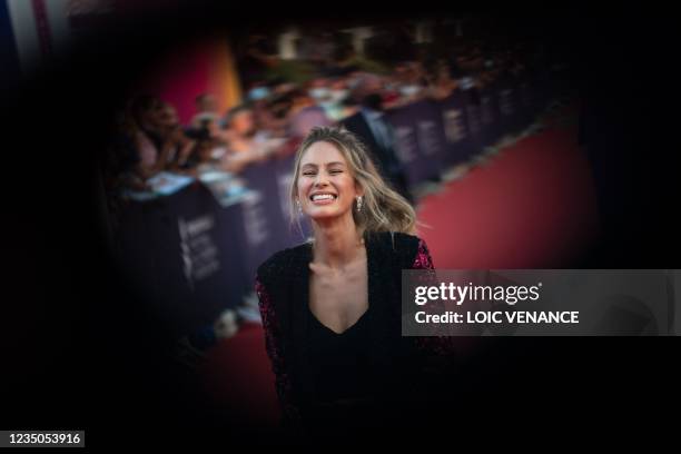 Actress Dylan Penn arrives on the red carpet to receive the New Hollywood Price during the 47th Deauville US Film Festival in Deauville, western...