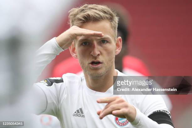 Timo Kern of Bayern Muenchen II celebrates scoring the opening goal during the 3. Liga match between FC Ingolstadt and Bayern Muenchen II at Audi...