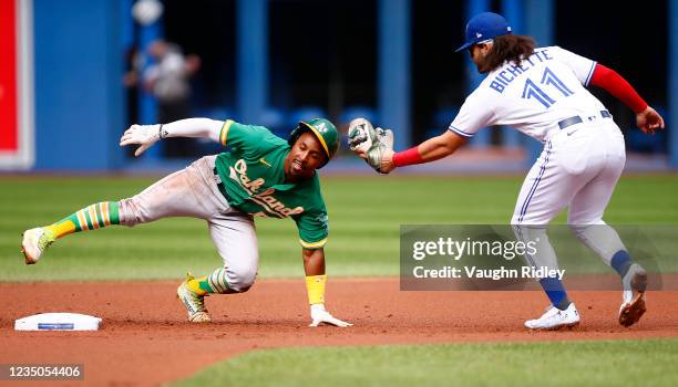 Tony Kemp of the Oakland Athletics is caught stealing second base by Bo Bichette of the Toronto Blue Jays in the first inning during a MLB game at...