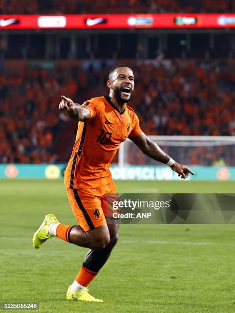 Memphis Depay of Holland celebrates 2-0 during the World Cup qualifier match between the Netherlands and Montenegro at Phillips Stadium on September...